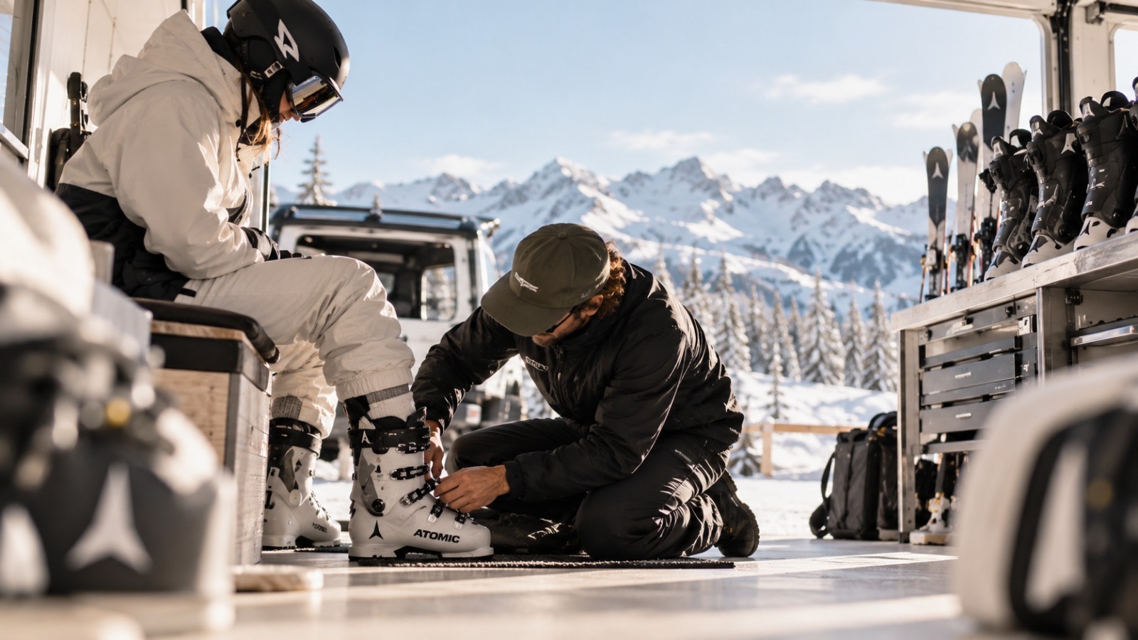 Personalized Atomic ski boot fitting with snowy mountains beyond